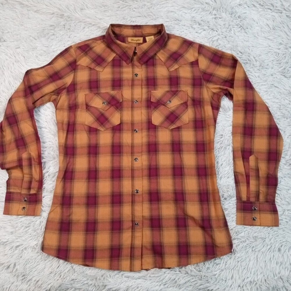 Wrangler Mens Shirt Western Pearl Snap Brown Small Plaid Chore Rancher Workwear‎